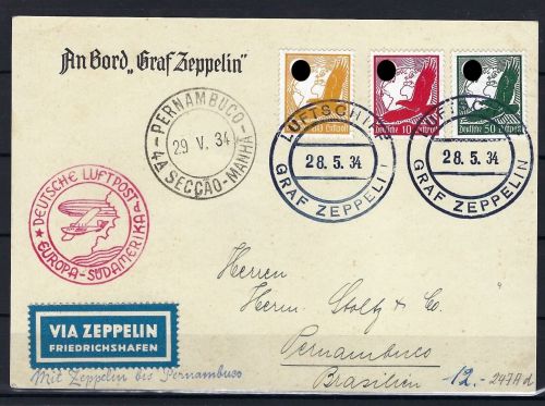 Zeppelinpost 1934 Europa-Südamerika Friedrichshafen n. Pernambuco