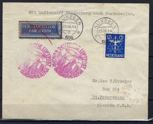 Zeppelinpost ab der Niederlande, Nijmegen n. St. Petersburg (USA)