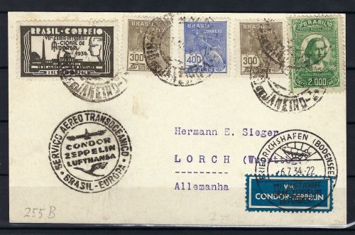 Zeppelinpost Brasil-Europa 1934 Rio de Janeiro n. Lorch, Sieger Karte