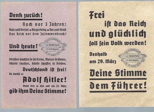 2 Propagandaflugblätter / Wahlpropaganda 1936 mit Zeppeline