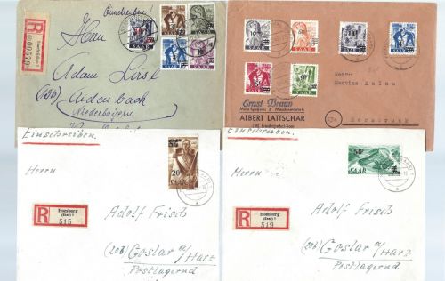 Saar / Saarland Mi 226-238 auf 4 Belegen, meist befördert , ME 130€