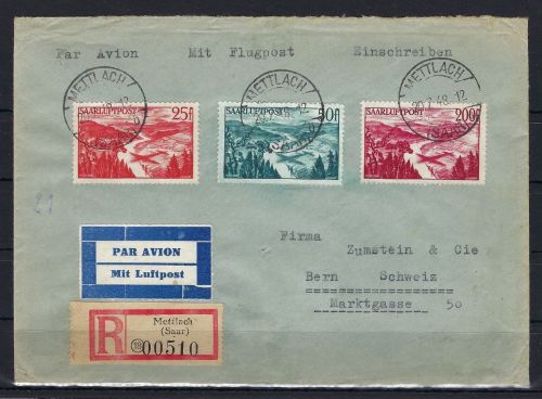 Saar / Saarland Mi 252-254 Satzbrief Einschreiben, befördert