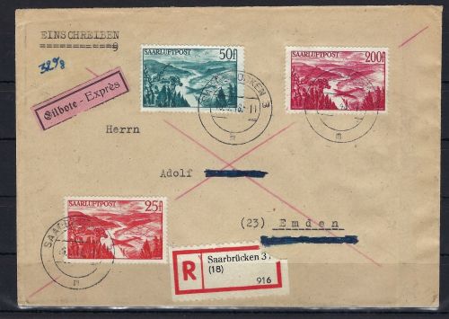 Saar / Saarland Mi 252-254 Satzbrief Einschreiben, befördert