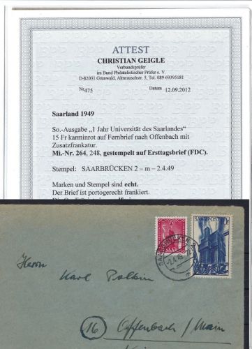 Saar Mi 264 FDC / MiF portog. echt befördert, FA Geigle BPP, ME 3.000€