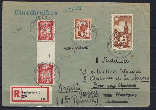 Saar / Saarland Mi 281 ZS MiF / Einschreiben Saarbrücken n. Frankreich
