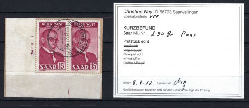 Saar / Saarland Mi 290 Br ° Paar einwandfrei, mit KB Ney , ME 80€