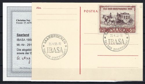 Saar / Saarland Mi 291 FDC-Karte einwandfrei, Befund Ney BPP, ME 350€