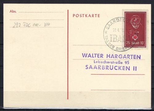 Saar / Saarland Mi 292 FDC-Karte einwandfrei, ME 140€