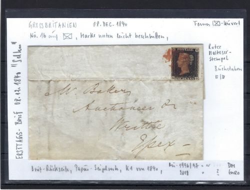 Großbritannien Mi 1 b als Ersttagsbrief vom 8.12.1840, SELTEN !