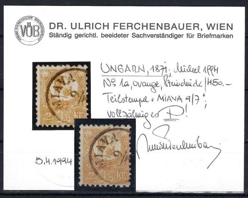 Ungarn Mi 1 a ° mit KB Ferchenbauer VÖB, ME 170€