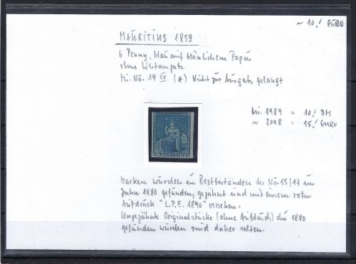 Mauritius Mi 13 (*) ohne Gummi, fast komplett vollrandig