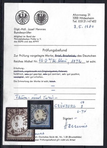 DR Mi 10 Vollstempel Grünberg (Thurn u. Taxis), Befund Hennies BPP