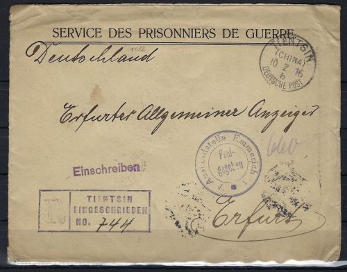 P) DAP China Kriegsgefangenenpost Tientsin-Shanghai-New York-Erfurt