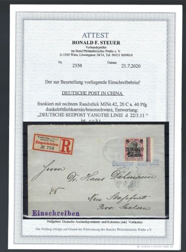 P) DAP China 1911, Seepost Yangtsee, Linie Dampfer MEI-LEE , FA Steuer BPP