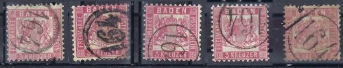 P) Baden Mi 18 (5 verschiedene Nuancen) mit Kreisstempel 164 Bahnpost