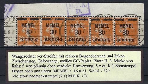 P) Memel Memel Mi 21 y ° 5er-Streifen vom OR mit Zensurstempel