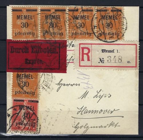 P) Memel Zeitungsstreifband mit Mi 21x (5), 19y, Memel n. Hannover