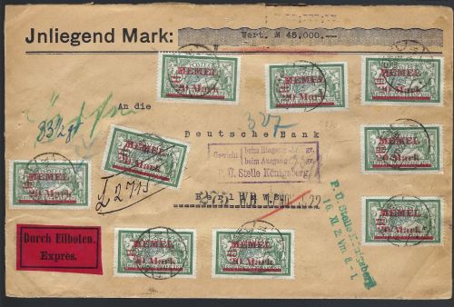 P) Memel Mi 39 I (12), 38aI, MiF Wertbrief / Eilbote, Zensur Königsberg