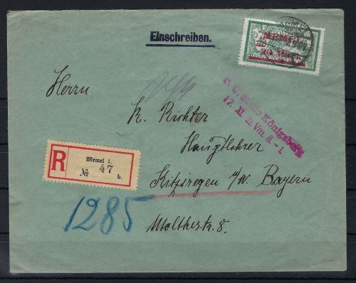 P) Memel Mi 39 II EF Einschreiben Memel n. Kitzingen, Zensurbrief