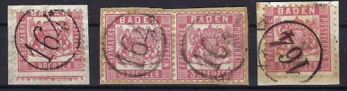 P) AD Baden 3 Briefstücke mit EK 1 Bahnpoststempel 164