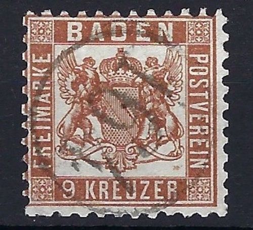 P) Baden Mi 20 a mit zentrischen K1 Bahnpoststempel 164