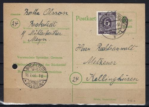Kontrollrat I Mi 916 c EF aus Postkarte