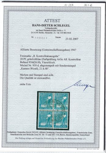 Kontrollrat II Mi 950d ° VB einwandfrei, FA Schlegel BPP, Befund Arge