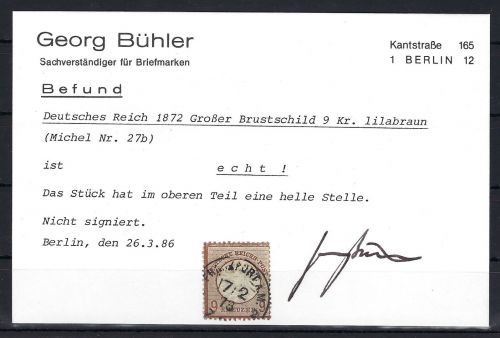 DR Brustschilde Mi 27 b ° mit Befund Bühler, ME 600€, Mängel