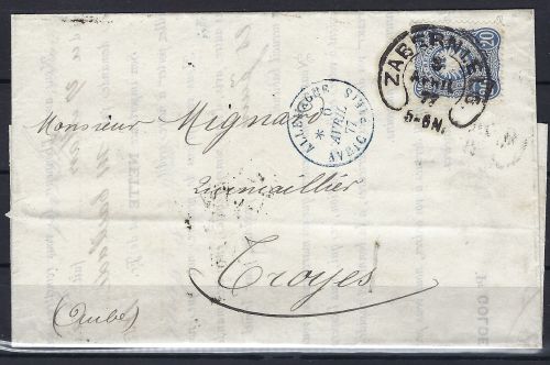 Hufeisenstempel Zabern Elsass, auf DR Mi 34 als EF nach Troyes