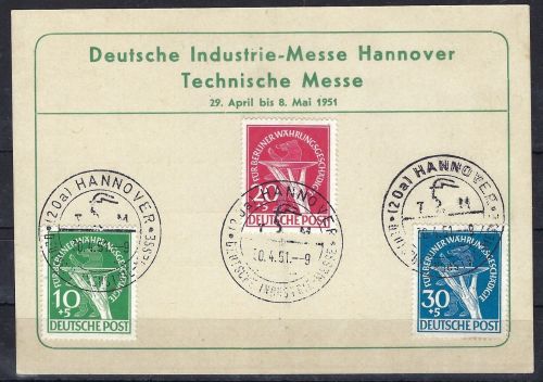 Berlin Mi 68-70 auf Hannover Messekarte, gepr. Schlegel BPP, ME 600€