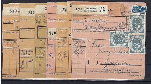 Bund 1951, Lot Posthorn Paketkarten, dabei Mi 125 Bogenteil