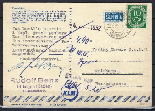 Bund 1951, LuPo Karte Absender Rudolf Benz (Erfinder Sofalandschaft)