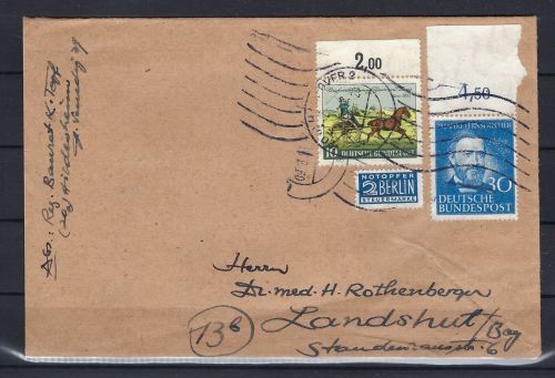 Bund 1952, Mi 160, 161 MiF je vom Oberrand, Bedarfsbrief