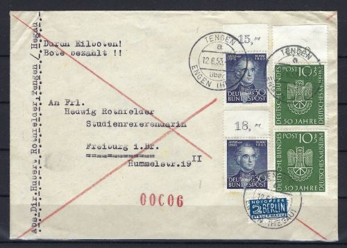 Bund, Mi 163 senk. Paar OR, 166 OR (2) Mif Eilbote Tengen n. Freiburg