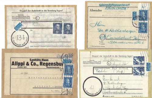 Bund 1951-1953, Lot von 4 Paketkartenausschnitte, waag. / senk. Paare