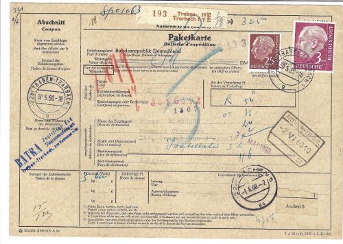 Bund 1954, Mi 186x, 196x MiF Paketkarte n. Belgien und Weiterleitung