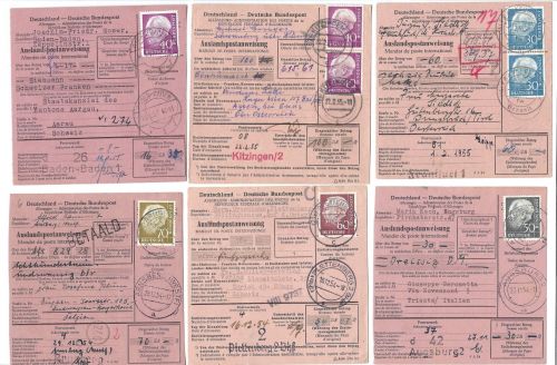 Bund 1954, Lot Heuss I Paketkarten EF / MiF, 7 Stück