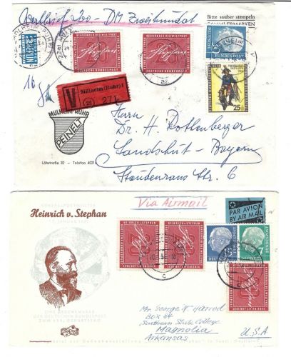 Bund 1956, 2 Belege Wertbrief Deu. und LuPo USA, Heinrich v. Stephan