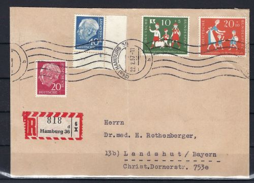 Bund 1957, Heuss II Eckrand UR mit FN 4 auf Briefvorderseite