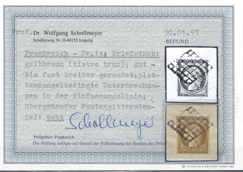 Frankreich Mi 1 a ° voll-breitrandig einwandfrei, Befund BPP, ME 400€
