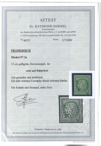 Frankreich Mi 2 a ° einwandfrei, mit FA Goebel BPP, ME 1.400€