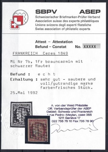 Frankreich Mi 7 b ° vollrandig, mit Schweizer ASEP Attest, ME 1.300€