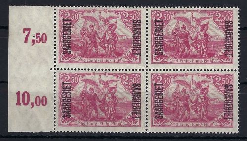 Saargebiet Mi 43 a ** Viererblock, gep. Burger BPP, ME 128€