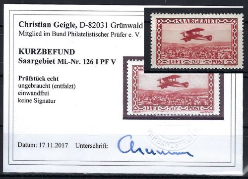 Saargebiet Mi 126 I** mit PF V einwandfrei, KB Geigle BPP, ME 120€