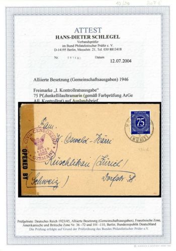 Kontrollrat I Mi 934d, EF Zensur, Mühlacker n. Zürich, FA Schlegel BPP
