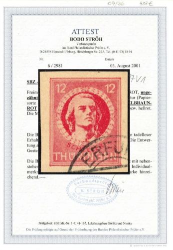 Thüringen Mi 97 V1° (AX ba t U) einwandfrei, FA Ströh BPP, ME 1.500€