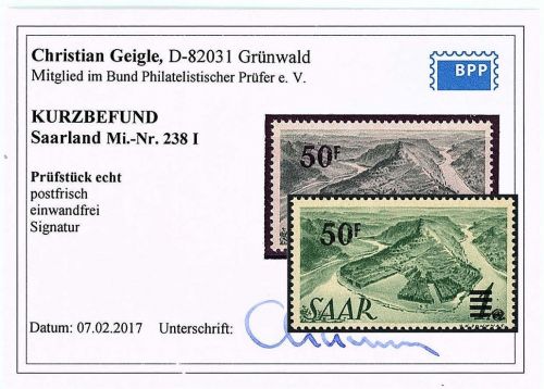 Saarland Mi 238 Z I ** einwandfrei, KB Geigle BPP, ME 200€