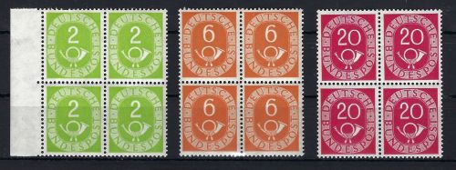 Bund 1951, Posthorn Mi 123, 126, 130 je ** im 4er-Block, ME 206€