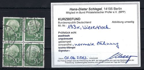 Bund 1954, Mi 193x ° 4er-Bl. einwandfrei, KB Schlegel BPP, ME 300€