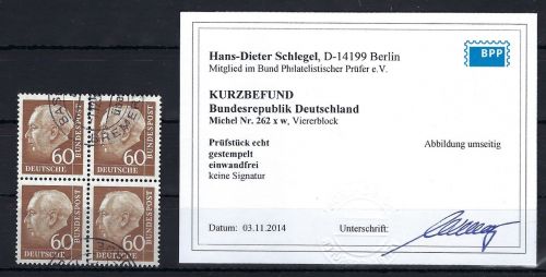 Bund 1954, Mi 262vw ° 4er-Bl. einwandfrei, KB Schlegel BPP, ME 100€